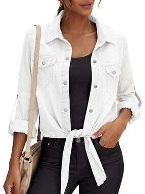 〽️Women's White Cropped Jean Shirt Tie Front Button Up Long Sleeve Denim Cardiga